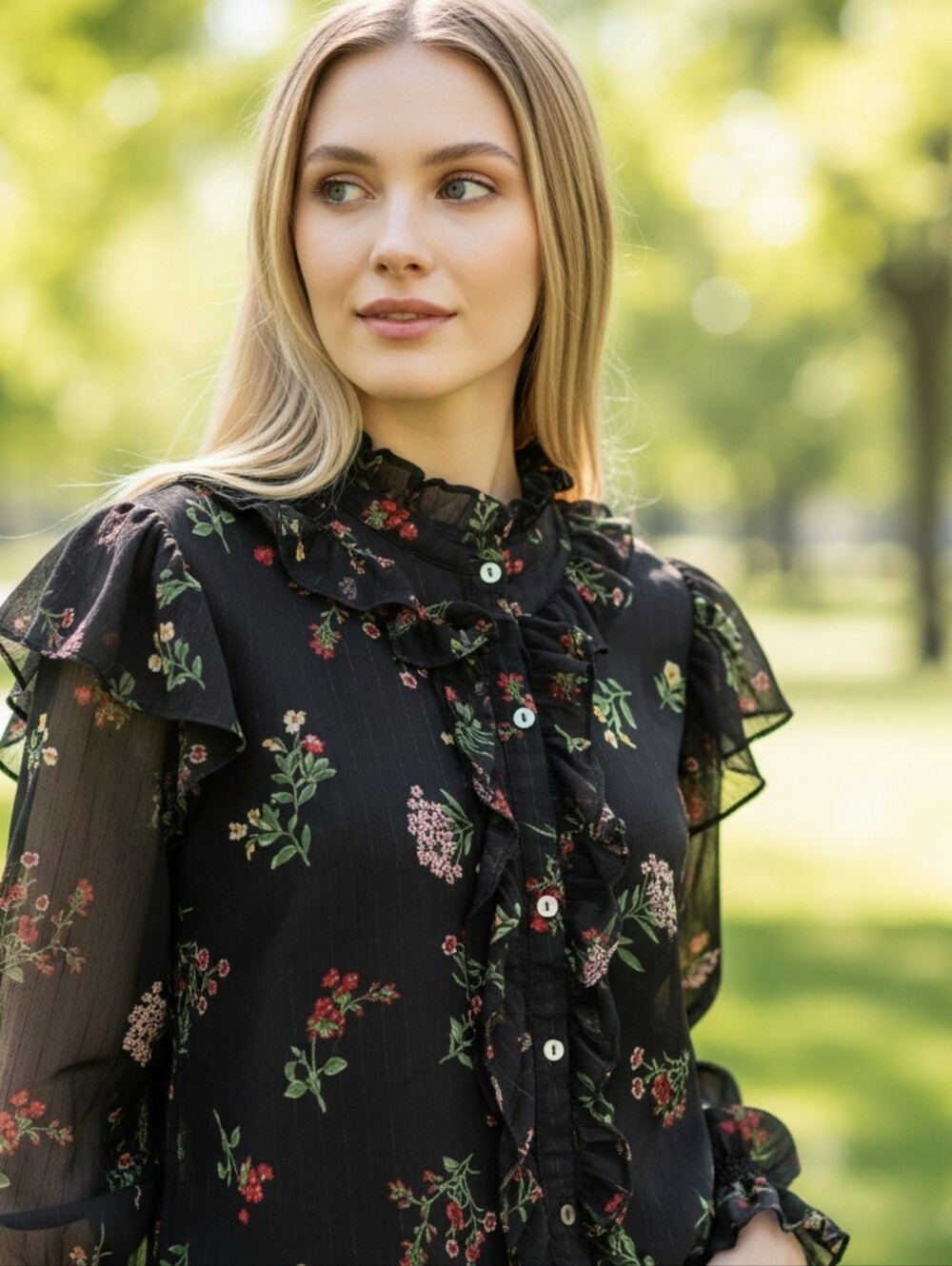 Forever 21 Black Sheer Floral Ruffle Button-Down Blouse With Front Ties Size 2X